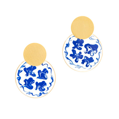 Chinese Style Elements Large Blue and White Porcelain Enamel Enamel Earrings