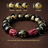 Five Gods Of Wealth Lucky Beads Bracelet Zodiac Gold Obsidian Handheld Rosary