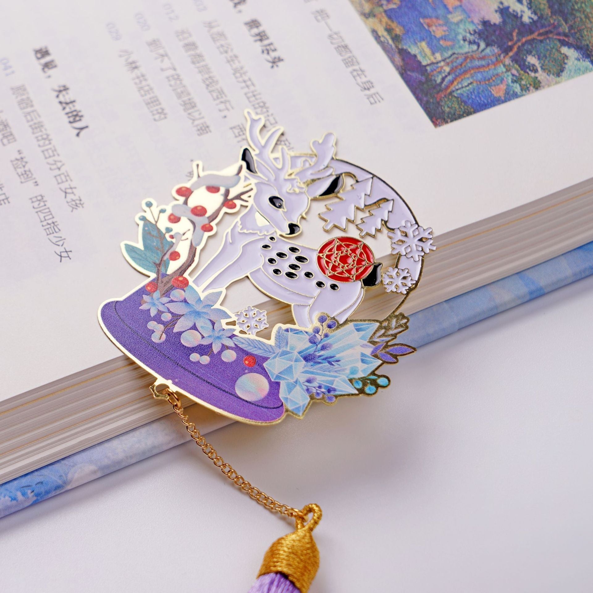 Purple Series Christmas Deer Crystal Ball Panda Copper Bookmark-3