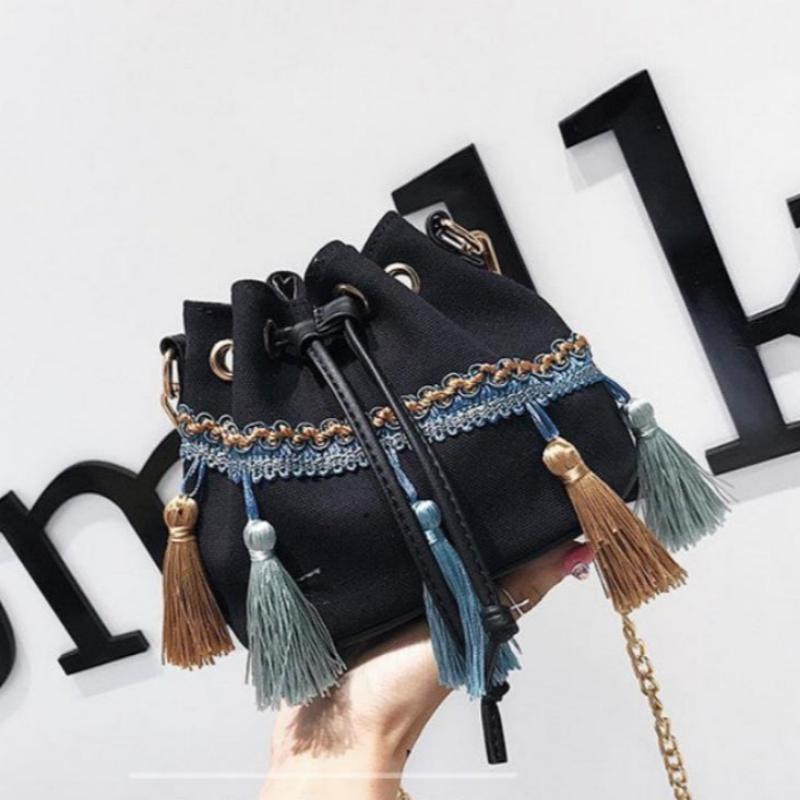 Ethnic Style Small Bag Women Fashion Tassel Shoulder Messenger Bag Mini Bucket Bag