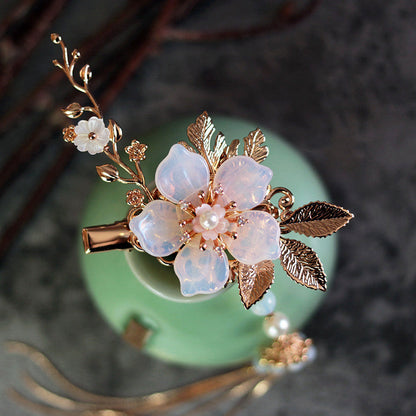 Vintage Gold Plated Sweet Glass Petals Butterfly Shell Hairpin-2