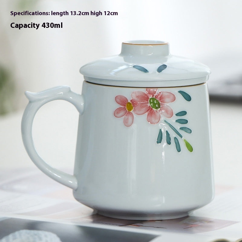 White Porcelain Celadon Household Hand-painted Filtered Tea Cup With Lid