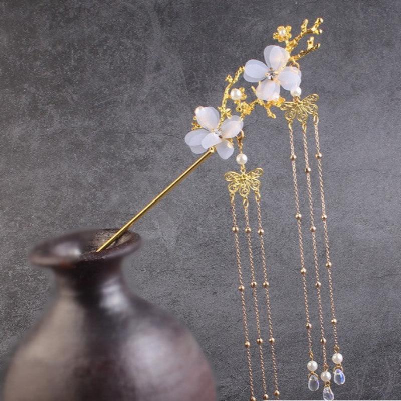 Ancient Style Hair Accessories Hanfu Plum Blossom Branch Tassel Hairpin White Flower Drill