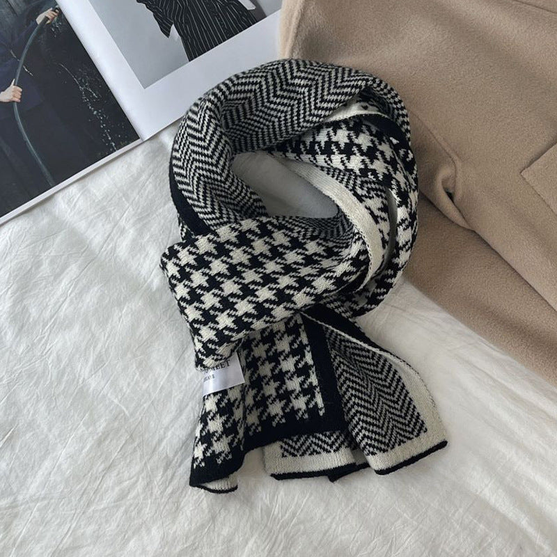 Houndstooth and Wave Pattern Print Scarf Winter Fashion Versatile Knitted Woolen Scarf