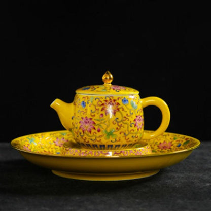 Ceramic Teapot Tender Yellow Glaze Colorful Gold Flower Tea Set