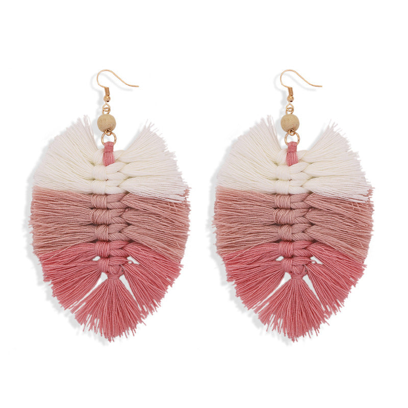 Handmade Gradient Tassel Earrings Leaf Shape Ethnic Style Earrings Exotic Earrings