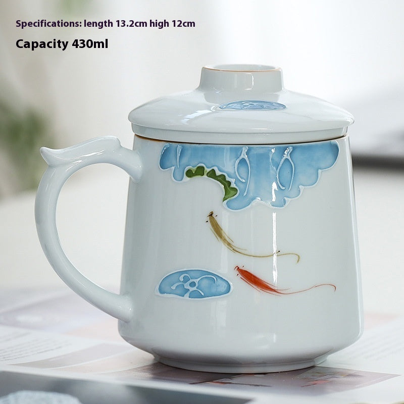 White Porcelain Celadon Household Hand-painted Filtered Tea Cup With Lid