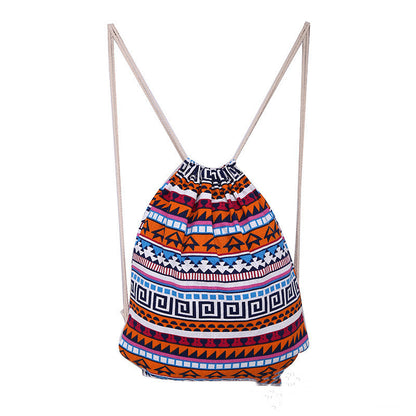 Ethnic Style Canvas Backpack Drawstring Pocket