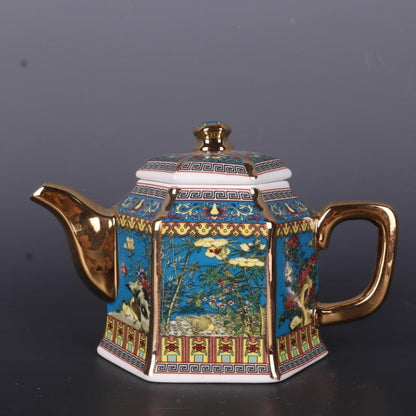 Home Decoration-Golden Enamel Flower and Bird Teapot Six Square Pot