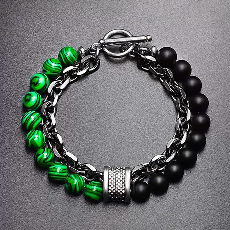 Men’s Titanium Steel Double Bracelet Natural Stone Beaded Chain-7