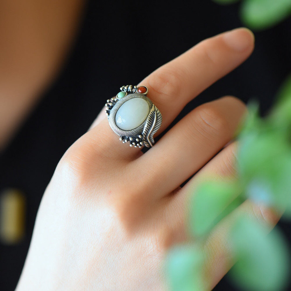 Ethnic Style Gold Plated Hetian Jasper Ring