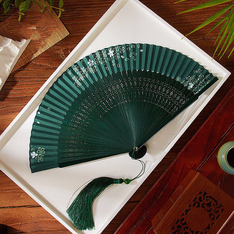 Ancient Style Dark Green Cherry Blossom Summer Portable Folding Fan-1