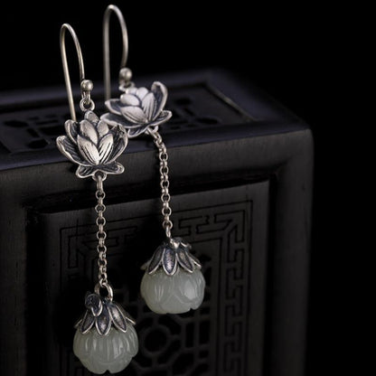 Retro Natural Hetian Jade White Jade Lotus Personality Women's Earrings