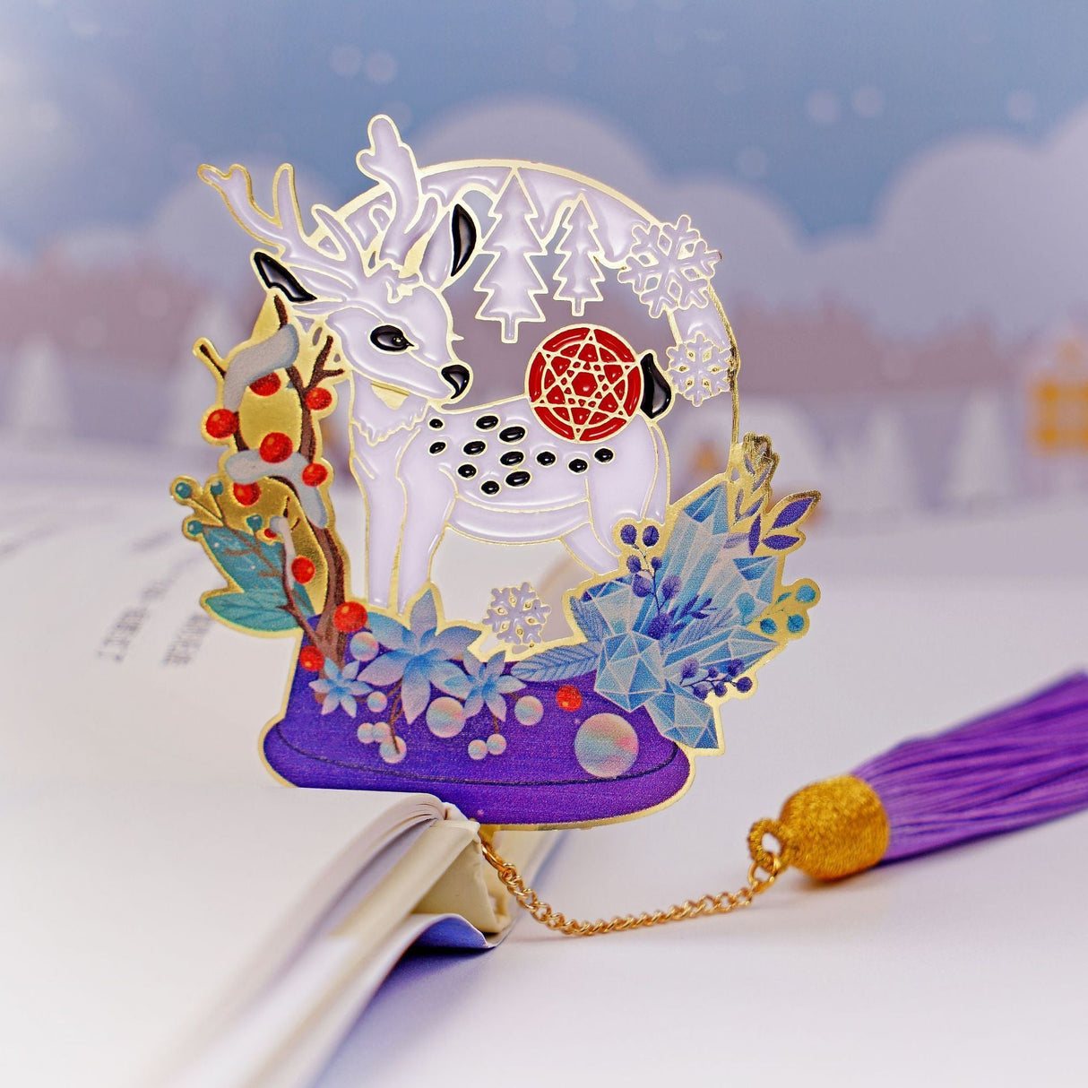 Purple Series Christmas Deer Crystal Ball Panda Copper Bookmark-6