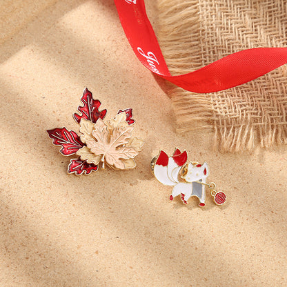 New Chinese Style Cartoon Red Maple Leaf Fox Brooch