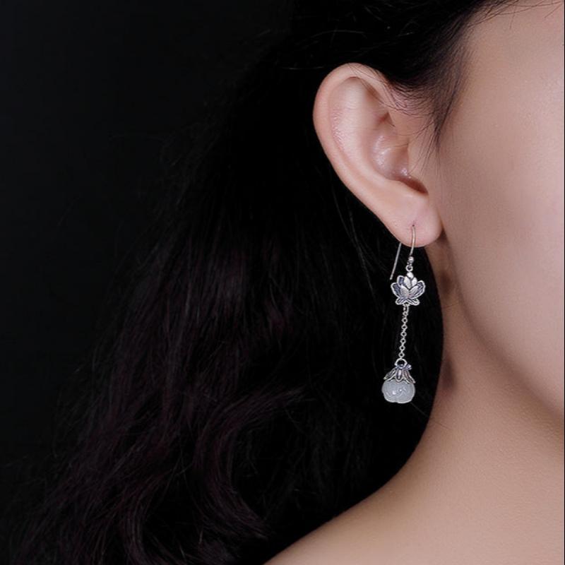 Retro Natural Hetian Jade White Jade Lotus Personality Women's Earrings