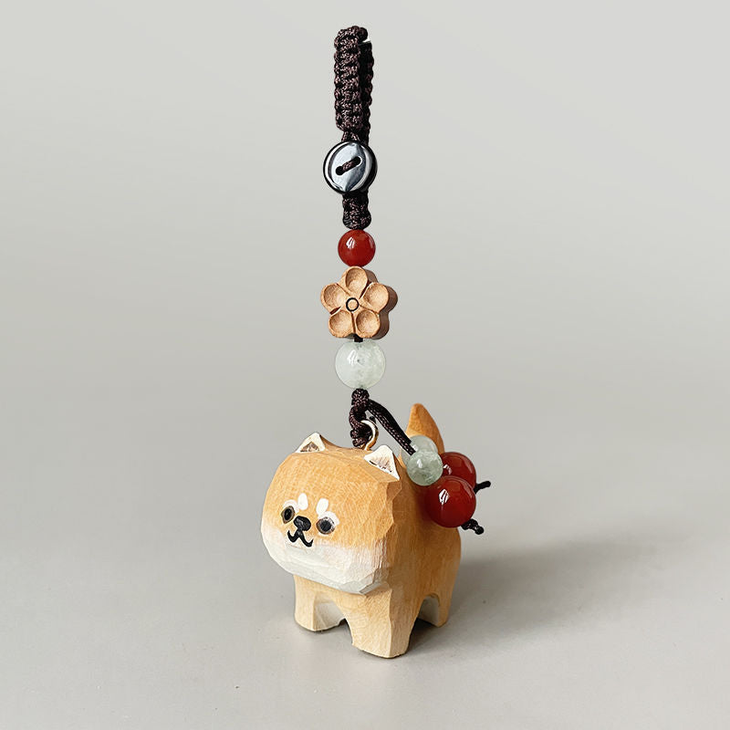 Handmade Wood Carving Orange Tabby Cat Shiba Inu M Safe Six Words Mantra Woven Keychain