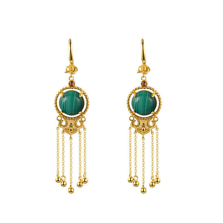Ancient Style Long Tassel Hetian Jade Malachite Auspicious Cloud Earrings-7