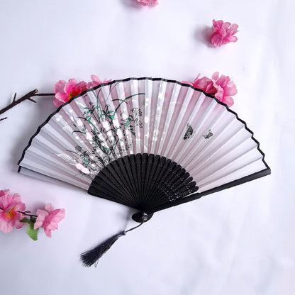 Floral Patterns with Tassel Portable Bamboo Silk Folding Fan-9