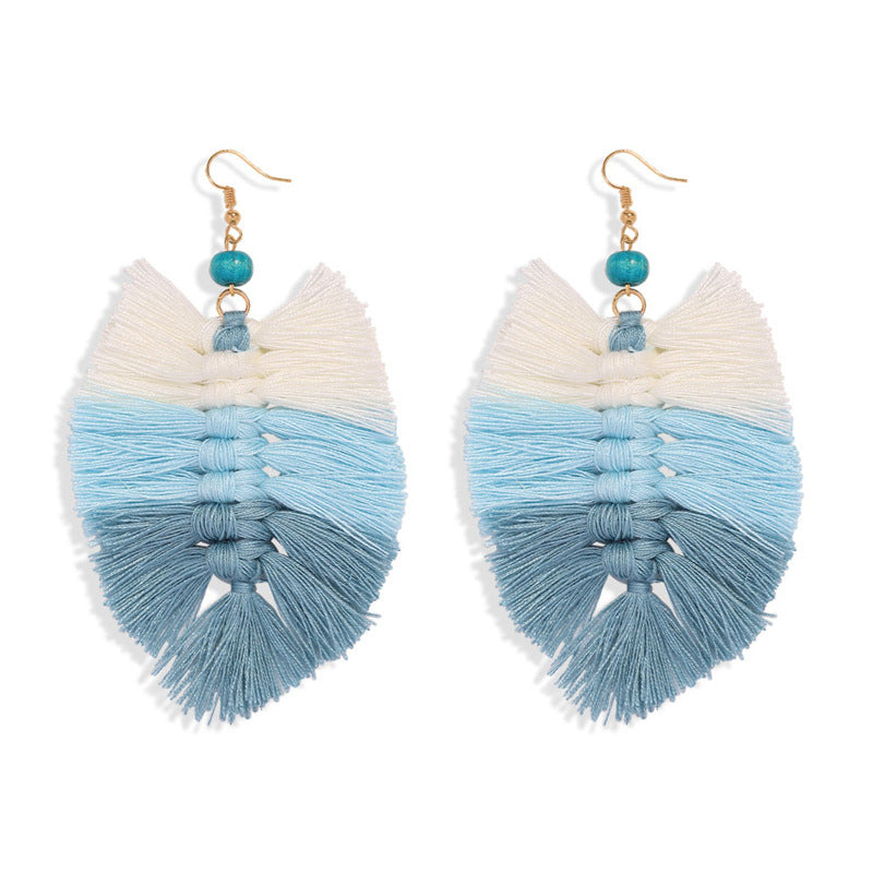 Handmade Gradient Tassel Earrings Leaf Shape Ethnic Style Earrings Exotic Earrings