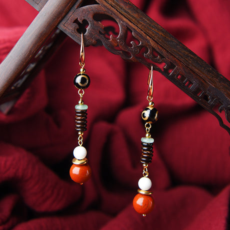 Vintage Earrings Chinese Style Long Earrings Red Stone Pendant