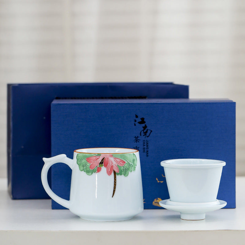 White Porcelain Celadon Household Hand-painted Filtered Tea Cup With Lid
