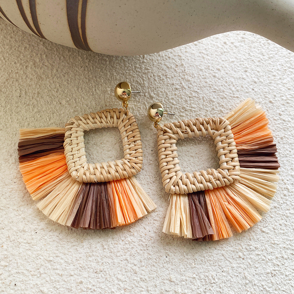 New Raffia Rattan Earrings Female Colorful Geometric Round Straw Earrings Earrings