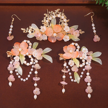 Pink Four-petal Flower Glass Pearl Earrings Hairpin Jewelry Set-1