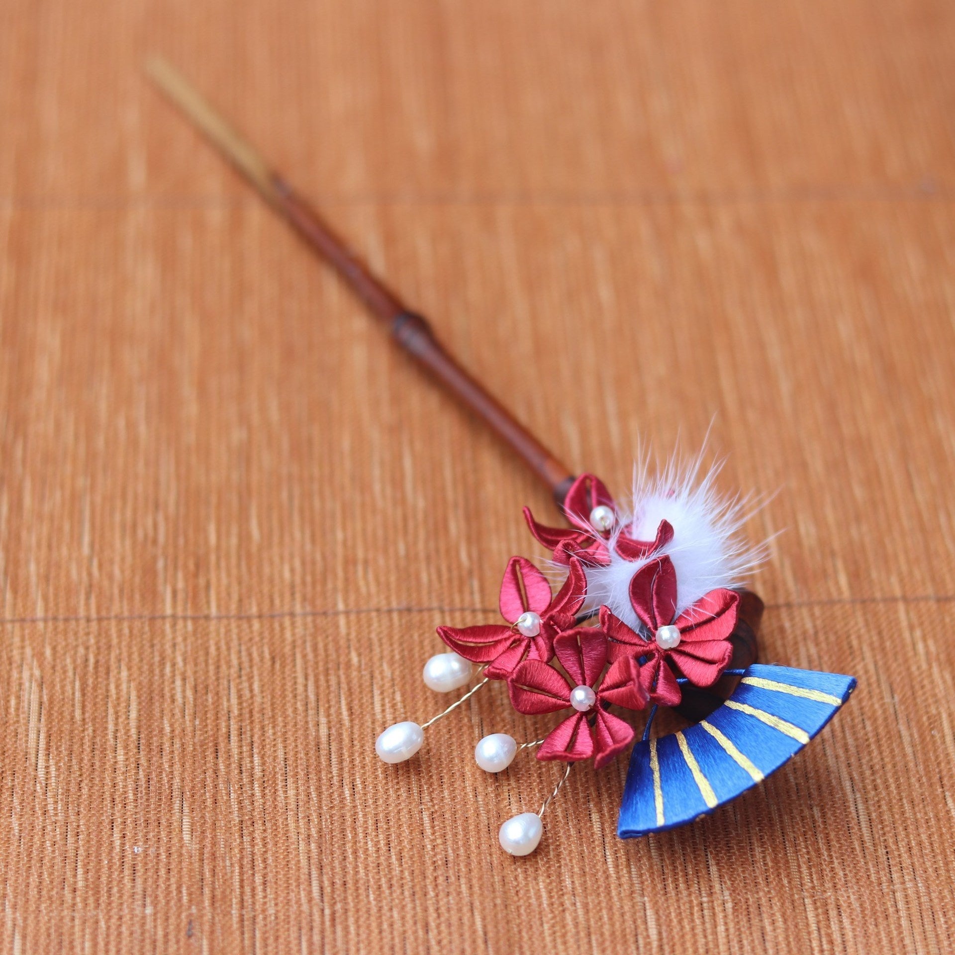 Retro Pearl Rising Bamboo Tangled Plum Blossom Hairpin-3