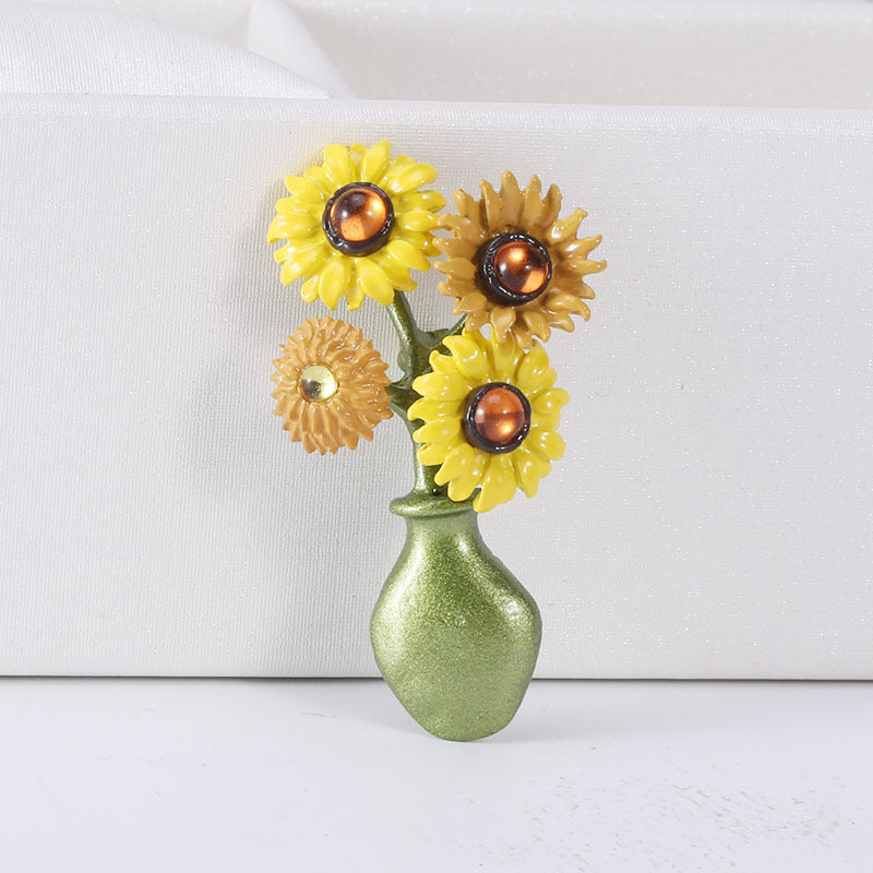 Vintage Sunflower Vase Brooch Fashion Crystal Enamel Pins Jewelry Accessories