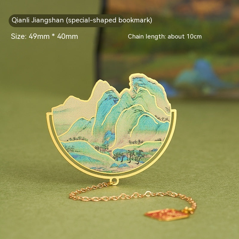 Classical Creative Qianli Jiangshan Special-shaped Metal Bookmark Gift-