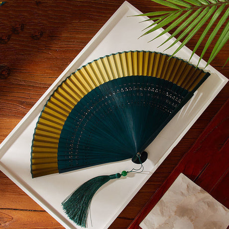 Ancient Style Dark Green Cherry Blossom Summer Portable Folding Fan-9