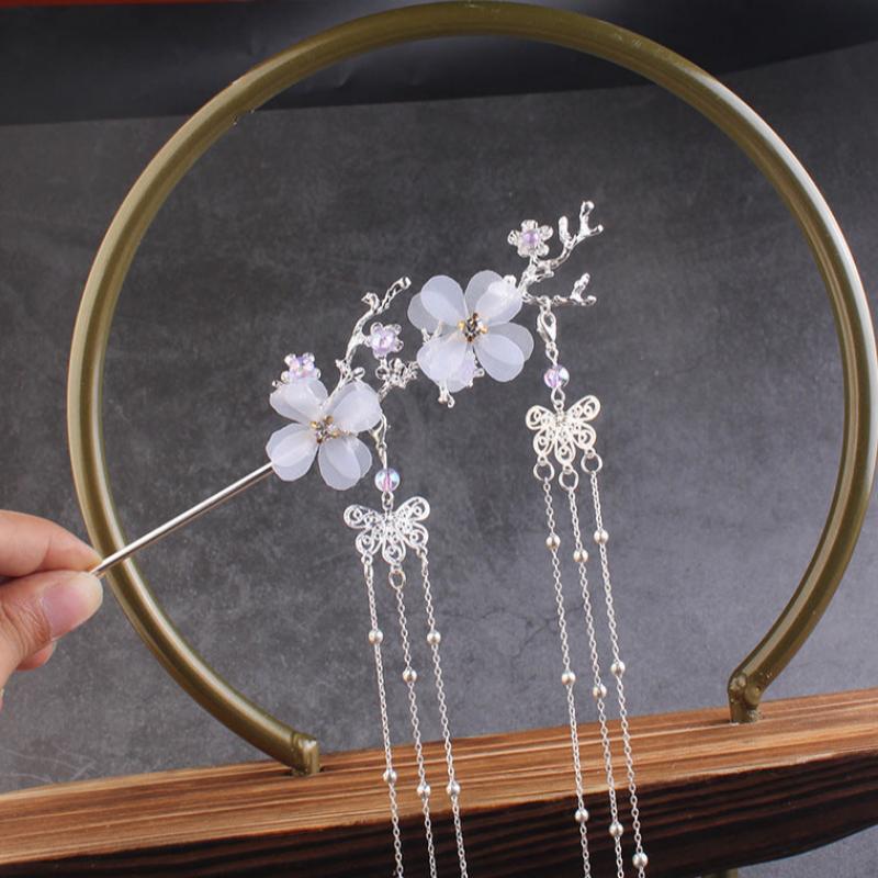 Ancient Style Hair Accessories Hanfu Plum Blossom Branch Tassel Hairpin White Flower Drill