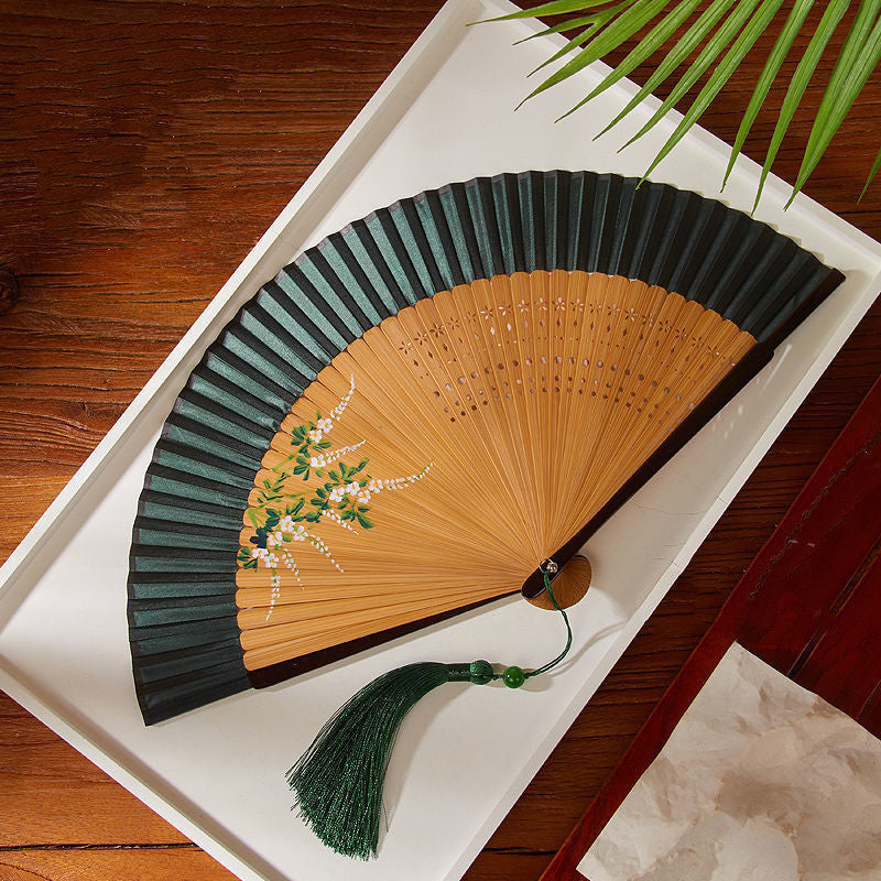 Ancient Style Dark Green Cherry Blossom Summer Portable Folding Fan-4