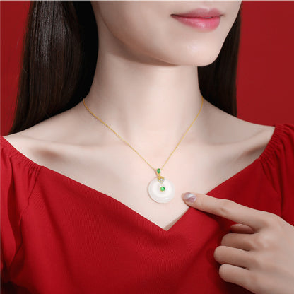 New S925 Sterling Silver Inlaid Hetian Jade Peace Buckle Necklace