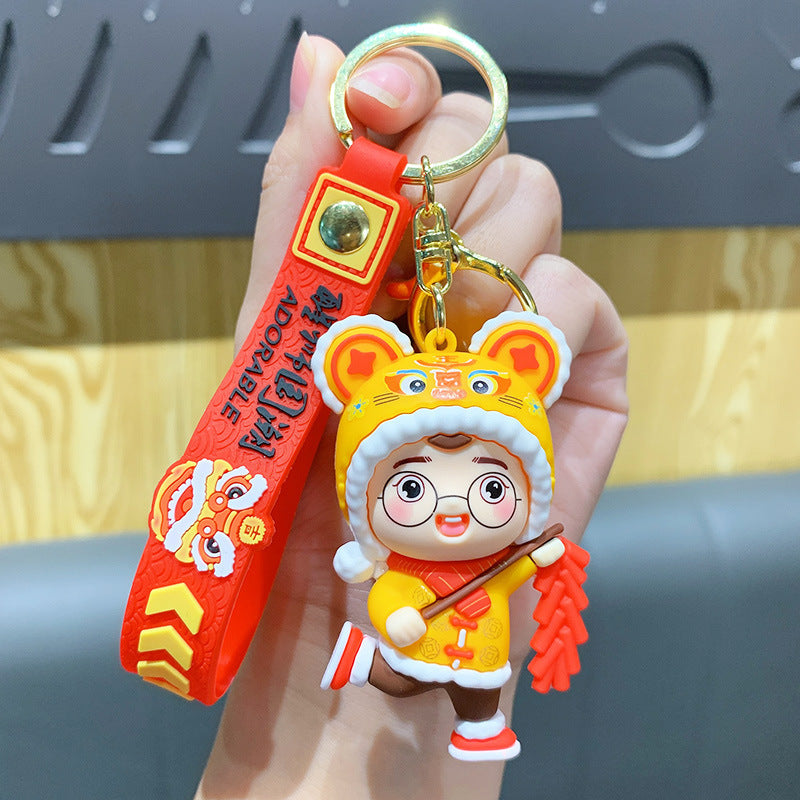 Chinese New Year Lantern Firecracker Cute Tiger Head Doll Keychain-5