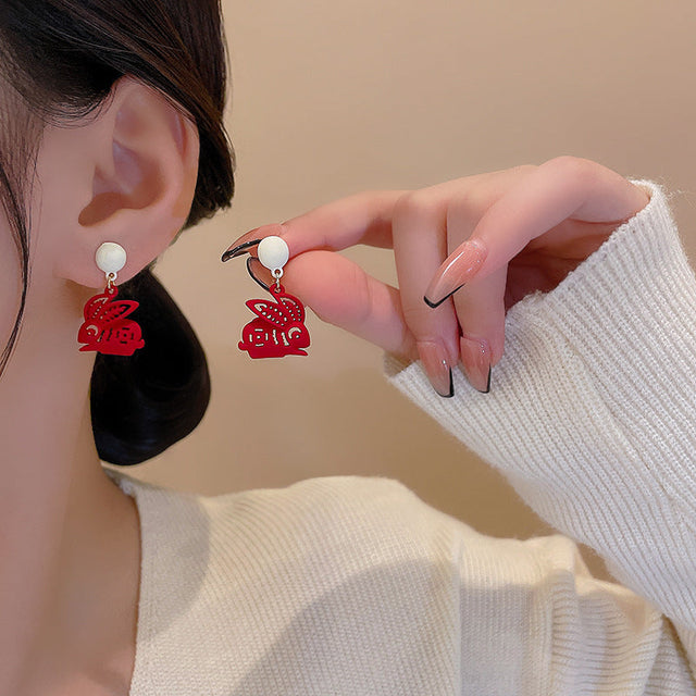 Festive Zodiac Year Paper-cut Red Rabbit Earrings-1