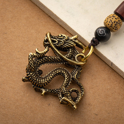 Vintage Pure Copper Domineering Golden Chinese Dragon Car Keychain-2