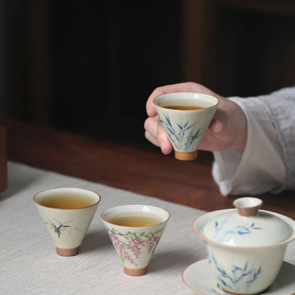 Underglaze Hand Painted Bamboo Hat Small Teacup Gift Box