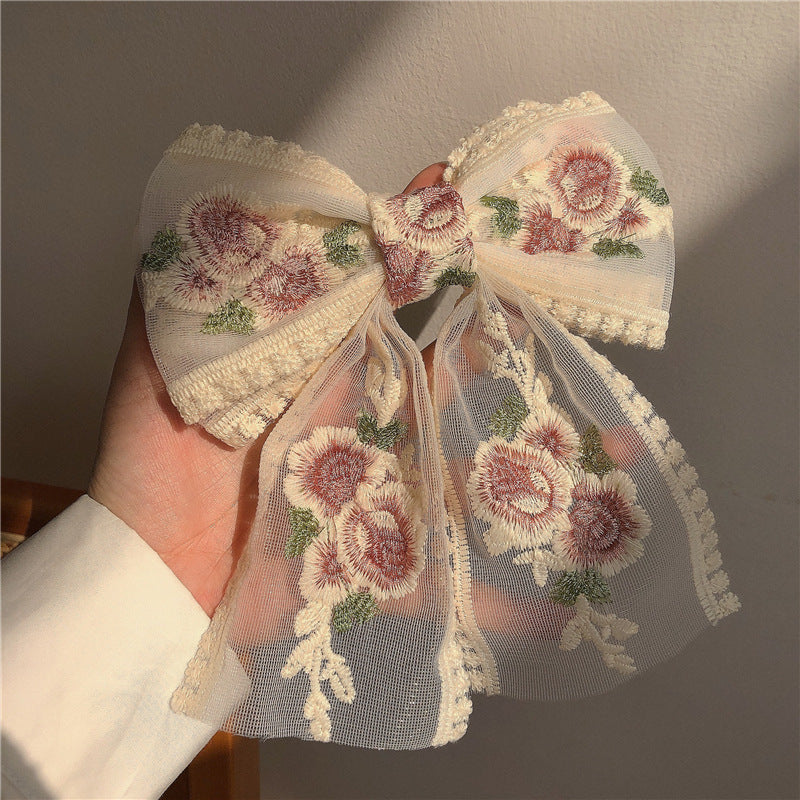 Embroidered Flower Ribbon Big Bow Hairpin