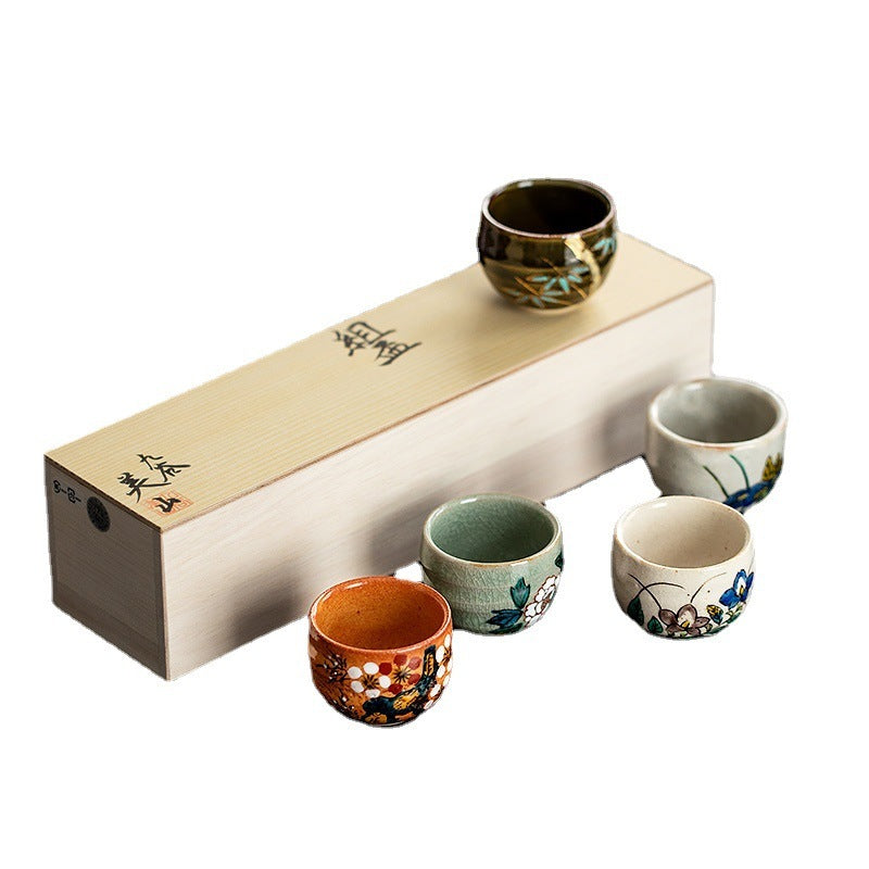 Kutani-yaki Five-grass Flower Ceramic Tea Cup Handmade Retro Set