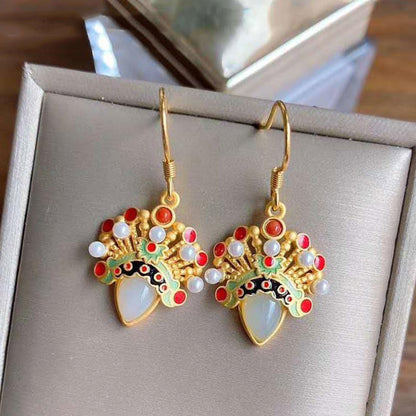 Inlaid White Jade Peking Opera Facial Makeup Earrings-1