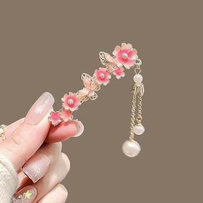 Super Fairy Cherry Blossom Pansy Pearl Tassel Hairpin Ancient Style Female Side Fringe Headdress Duckbill Clip