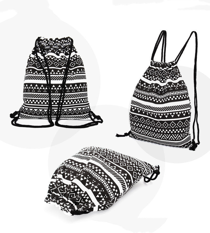 Ethnic Style Canvas Backpack Drawstring Pocket