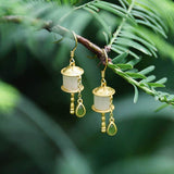 Natural Hetian Jade Prayer Wheel Earrings Silver