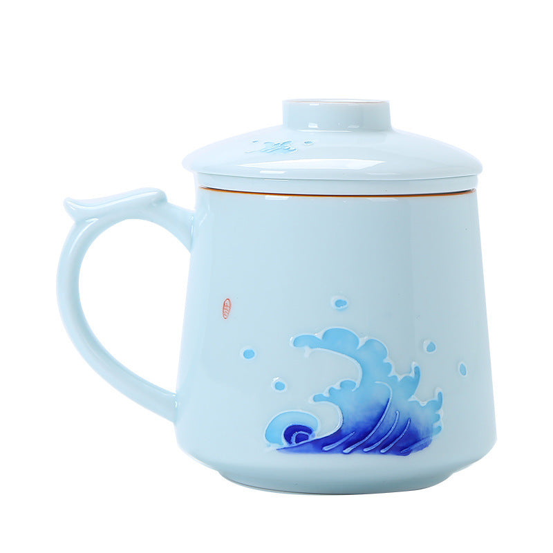 White Porcelain Celadon Household Hand-painted Filtered Tea Cup With Lid