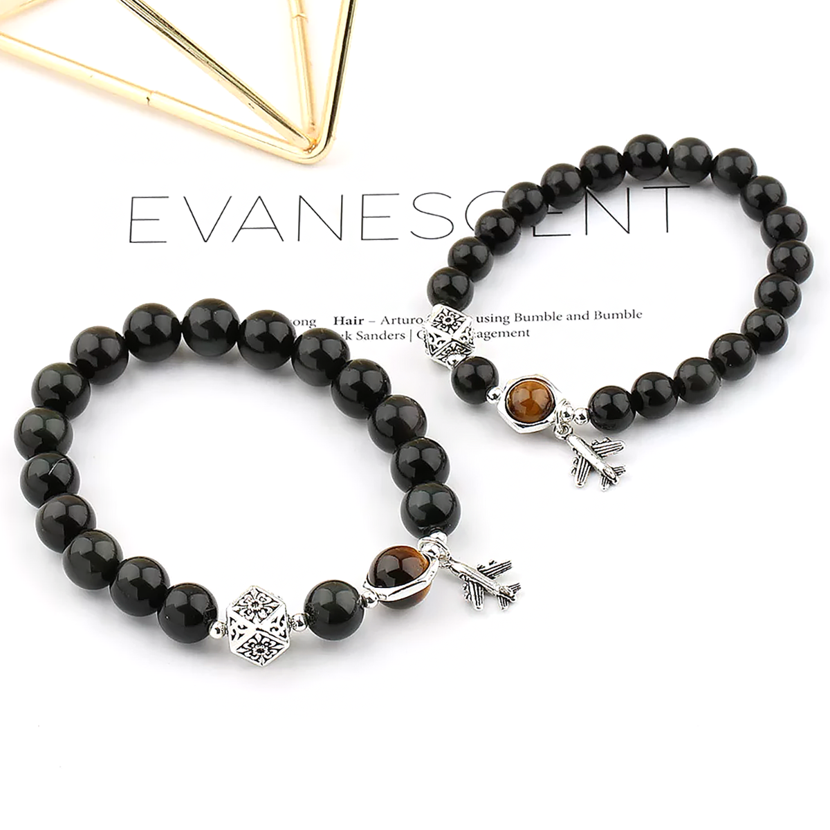 Obsidian Couple Bracelet with 925 Sterling Silver and Tiger Eye Beads-2