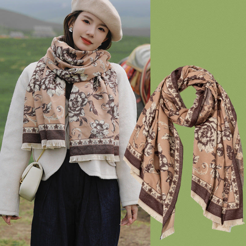 Retro Ethnic Style Peony Flower Cashmere Scarf