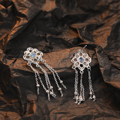 Chinese Knot Blue Zircon Stud Versatile Personality Lace Texture Earrings