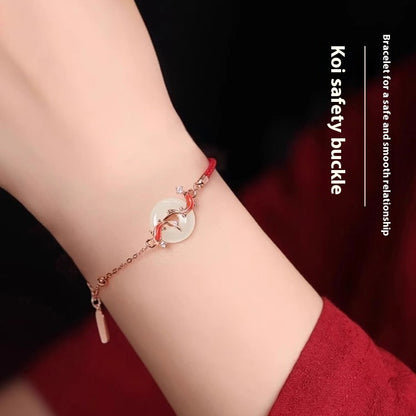 Landung Koi Hetian Jade Sicherheitsschnallen Armband S925 Sterling Silber Rotes Seil Jahr Lucky Perle